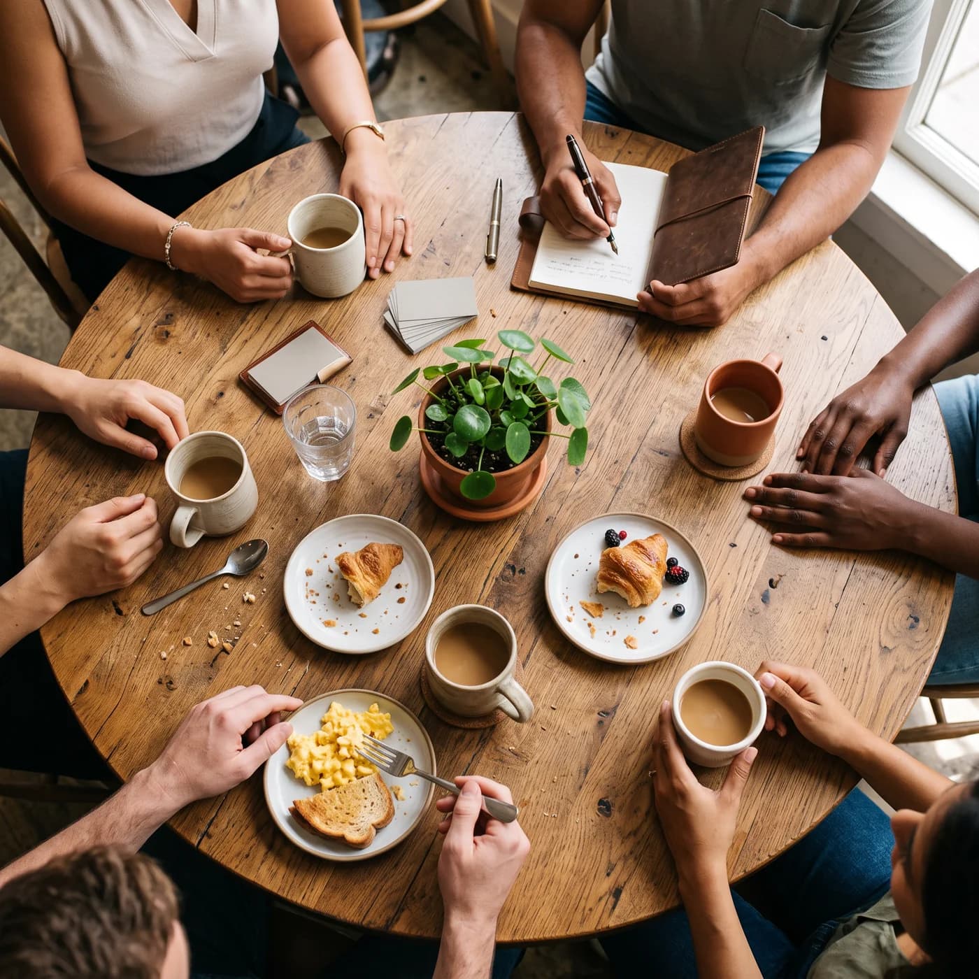 Hands around a round oak table with coffee, notebooks and business cards