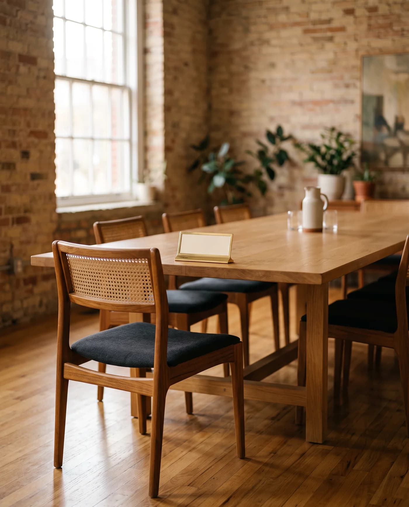 An empty chair pulled back from a long oak table in a bright brick room